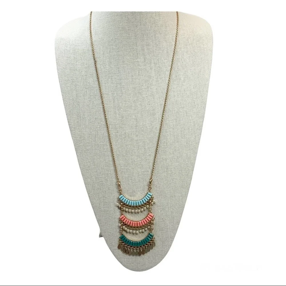 boho Gold tone long tiered colorful beaded necklace fun spring summer